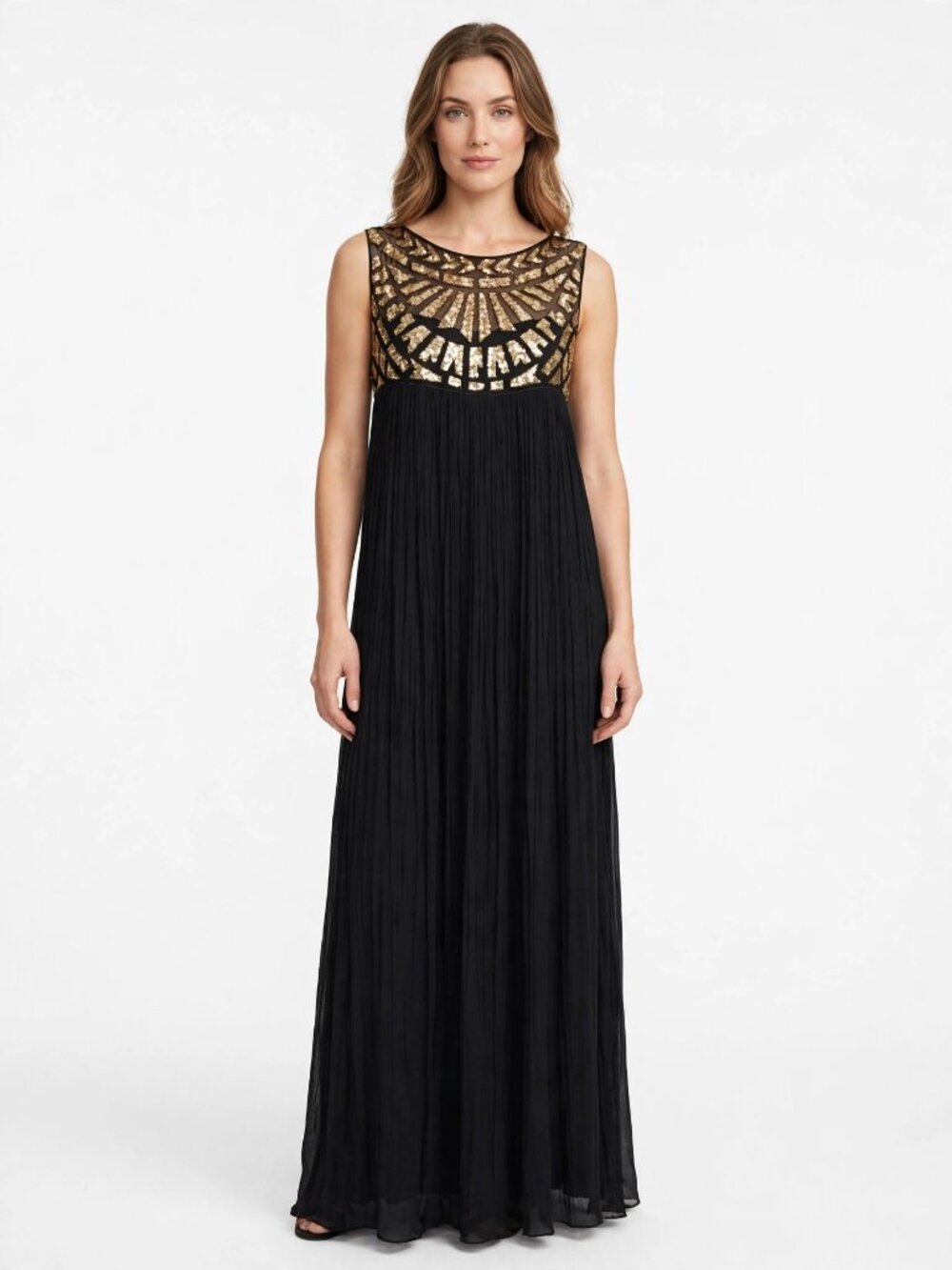 Mynah's by Reynu Taandon Black Gold Sequin Maxi Dress XS
